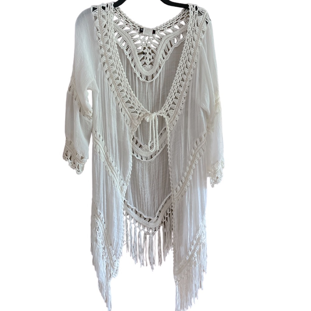 Vivid Importers White Crochet Fringe Boho Duster/ Cardigan/ Coverup L/ XL